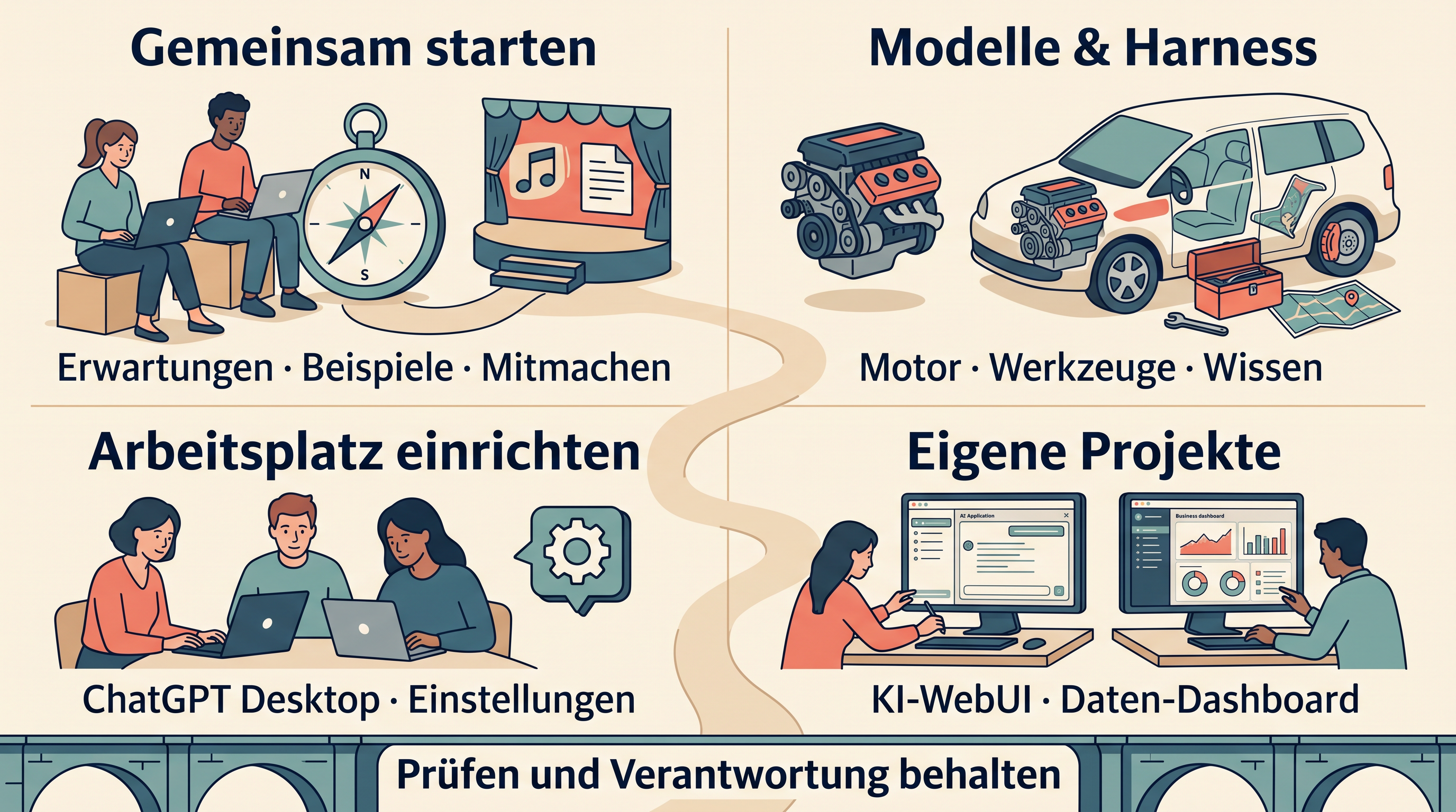 Lernlandkarte: gemeinsam starten, Modelle und Harness verstehen, den Arbeitsplatz einrichten und eigene Projekte bauen; Prüfung und Verantwortung tragen den gesamten Weg.