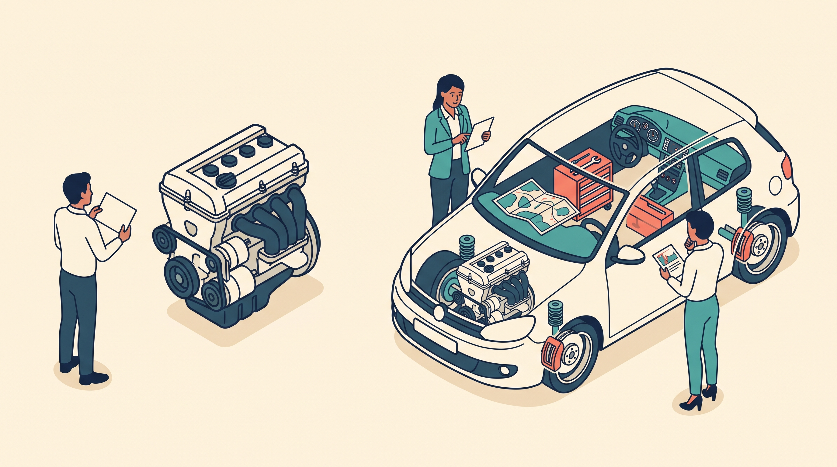 Metapher: ein einzelner Motor neben einem Fahrzeug mit Motor, Werkzeugkasten, Karte, Bedienung und Bremsen