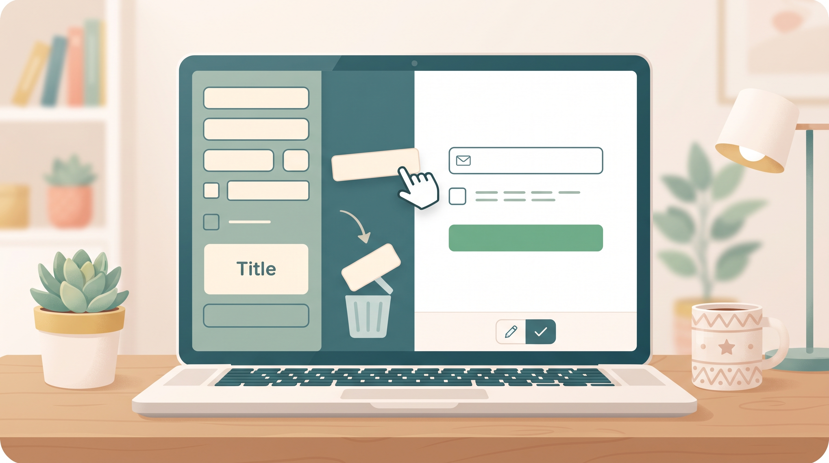 Anmelde-Mockup mit Bausteinpalette, Drag-and-drop, Entfernen und Kriteriencheck.