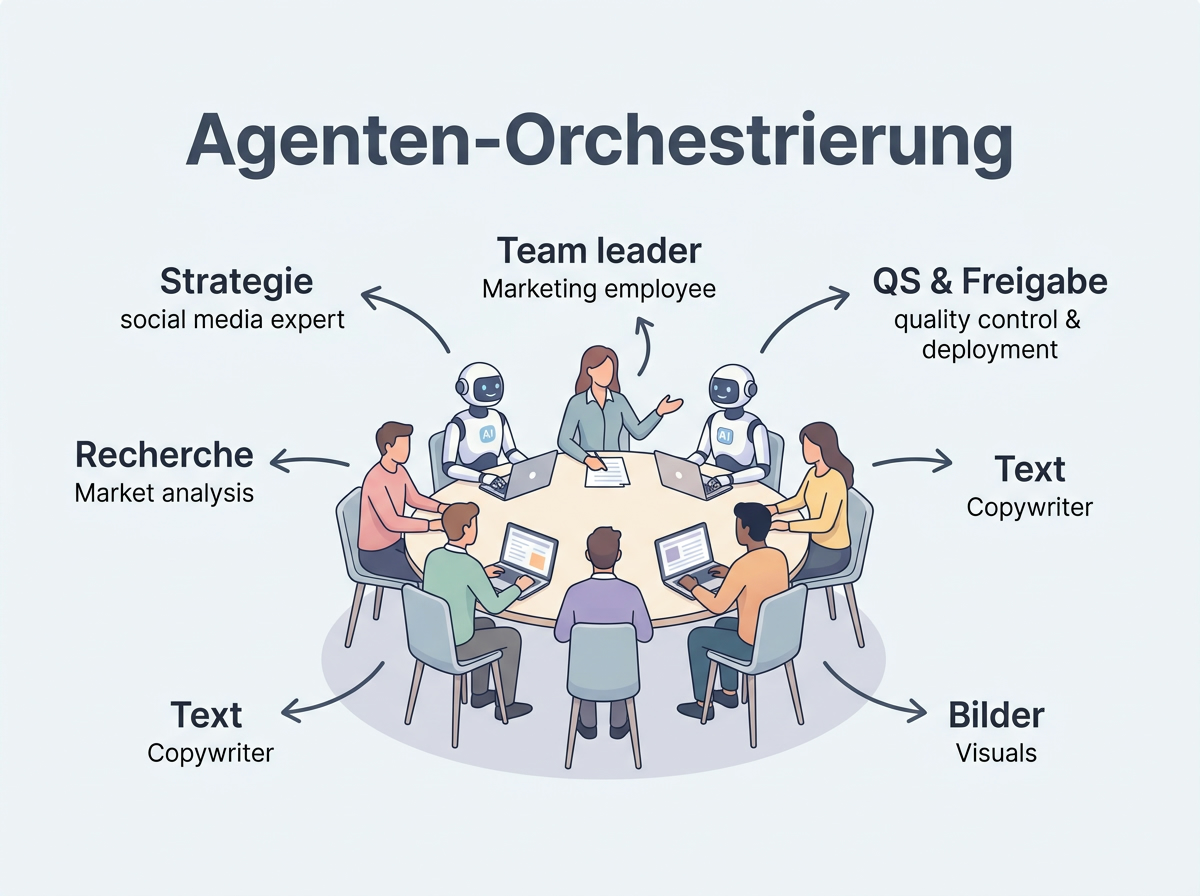 Diagramm: Orchestrierung von spezialisierten KI-Agenten, gesteuert durch einen Koordinator