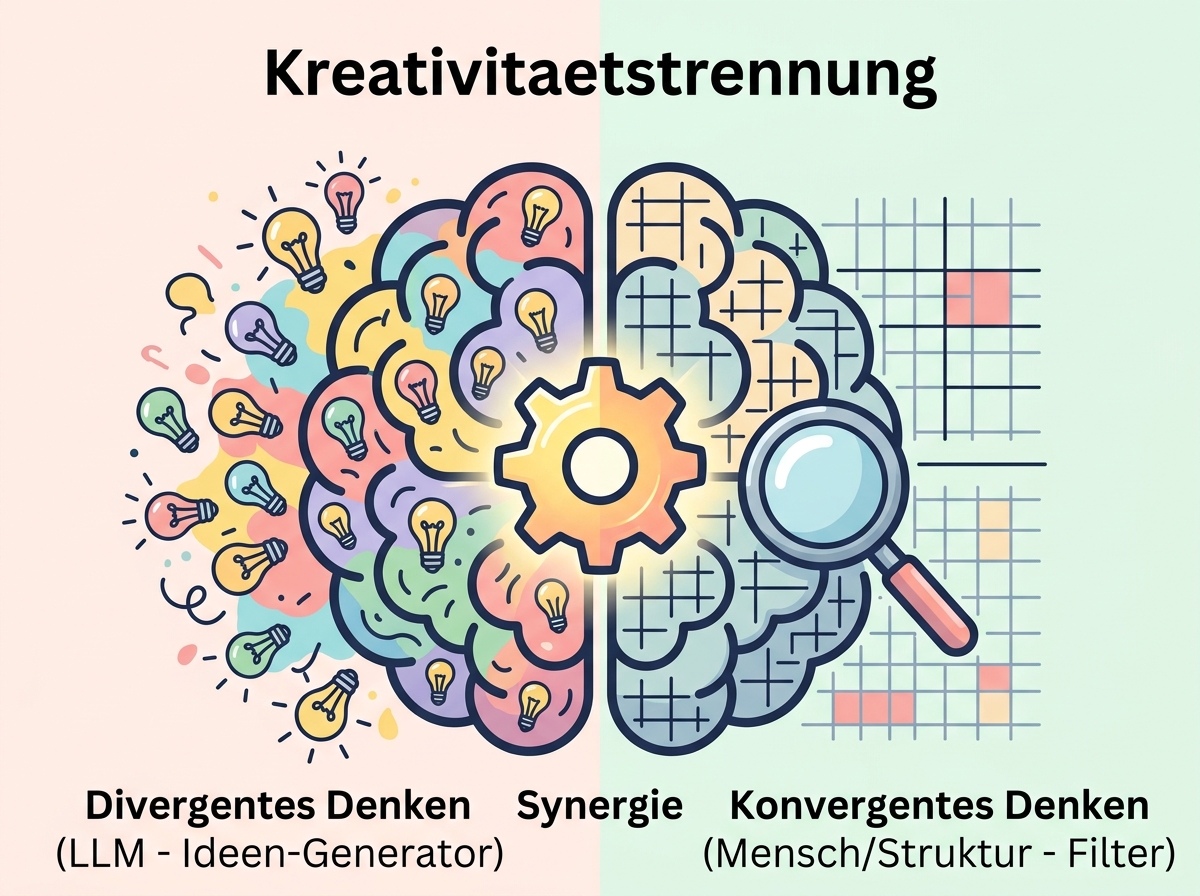 Darstellung des kreativen Prozesses: KI generiert Ideen, der Mensch evaluiert und verfeinert