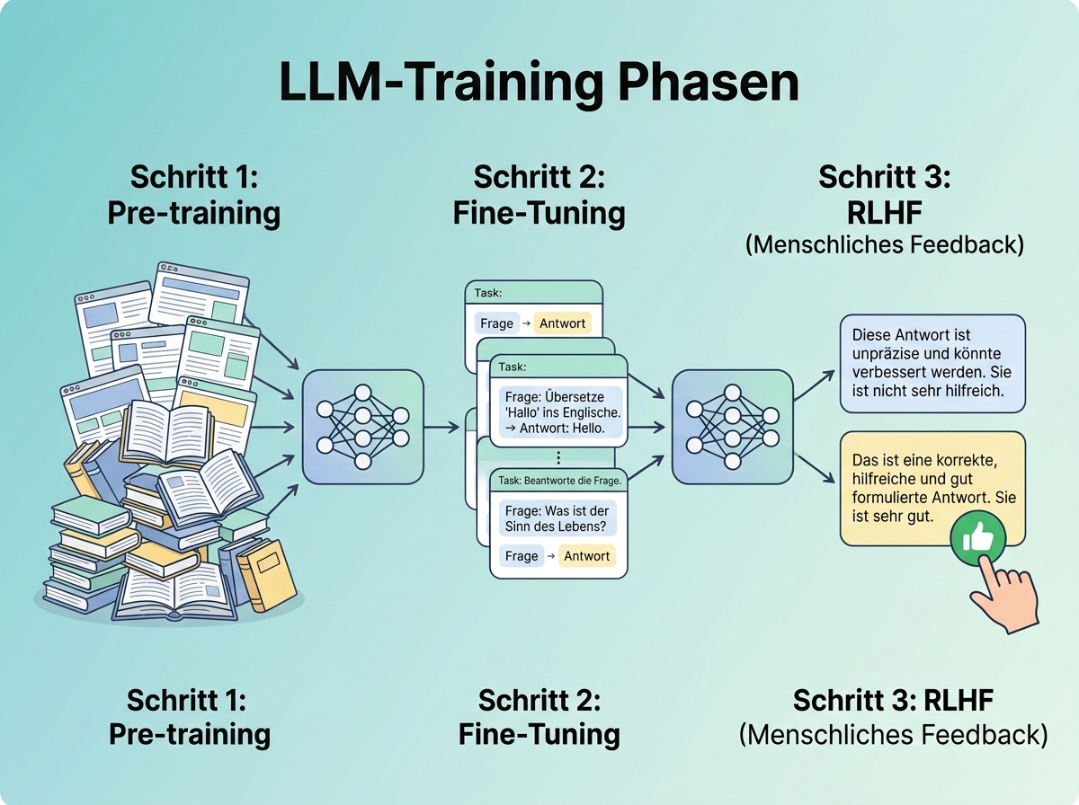 Visualisierung des Trainingsprozesses: Pretraining, Fine-Tuning und RLHF