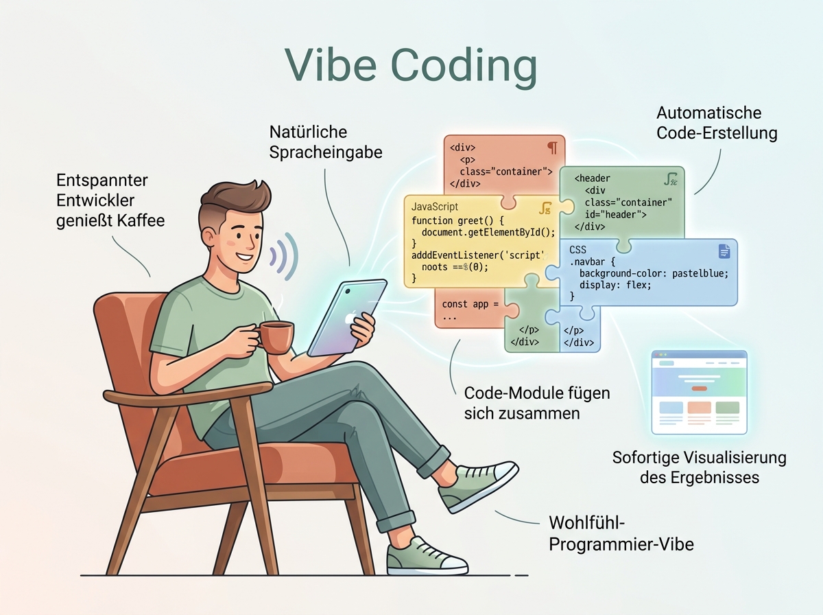 Ein Entwickler beschreibt ein UI-Konzept und die KI erzeugt den funktionierenden Code im Editor