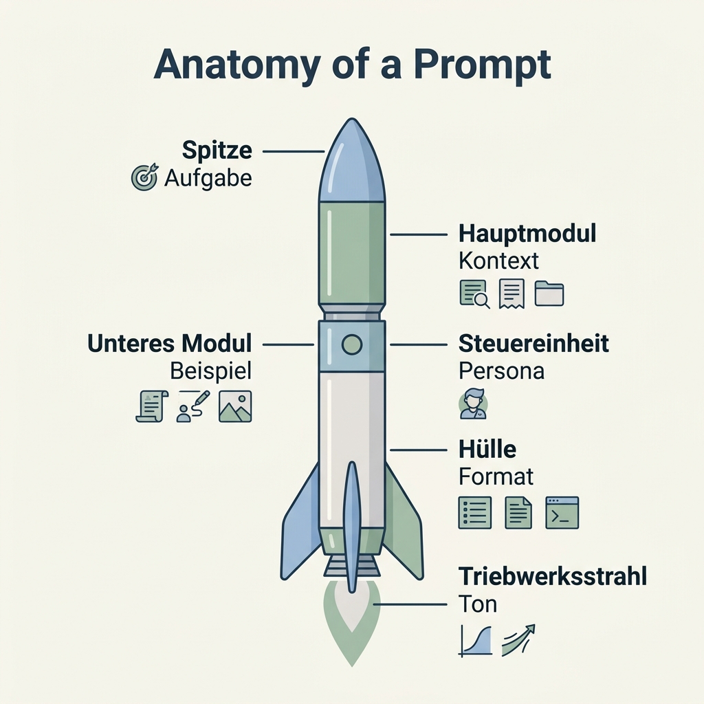 Diagramm zur Prompt-Anatomie: System-Prompts, User-Prompts, Inputs und Constraints
