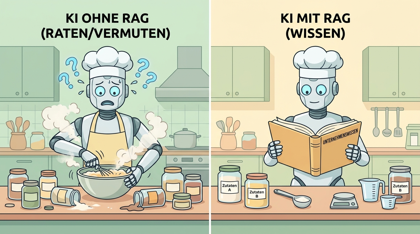 Didaktisches Bild: Der Koch am Herd nutzt ein Rezeptbuch