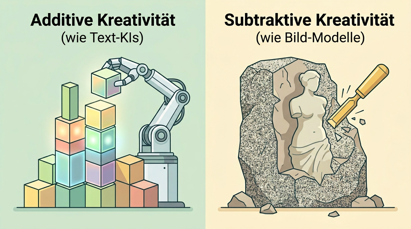 Grafische Gegenüberstellung von additiver (Ideenflut) und subtraktiver (Konkretisierung) Arbeitsweise