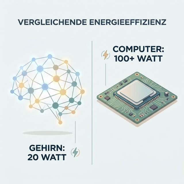 Grafik: Das Gehirn benötigt nur 20 Watt Leistung, während KI-Training Megawatt verbraucht
