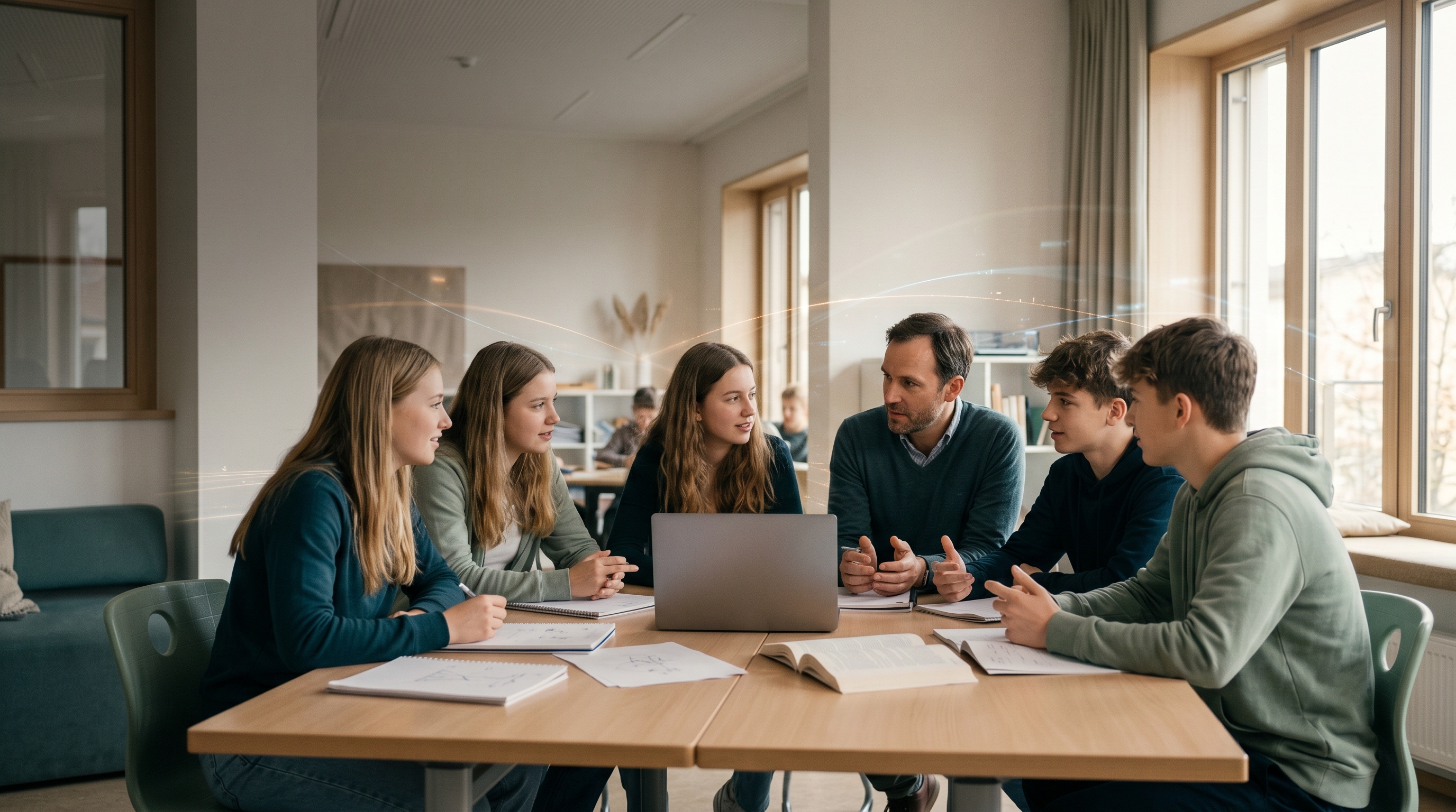 Lernszene: Schülerinnen und Schüler arbeiten mit einem Lehrer zusammen