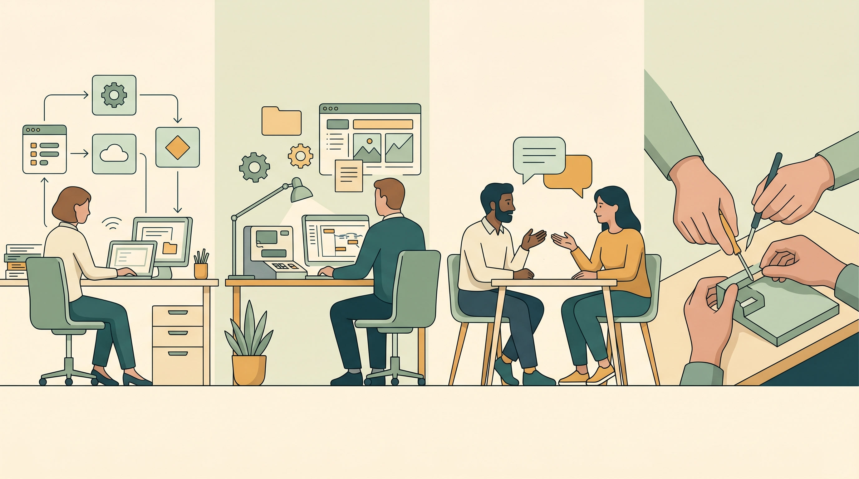 Vier verbundene Arbeitsfelder: Routineautomation, Orchestrierung, Zusammenarbeit und handwerkliche Praxis